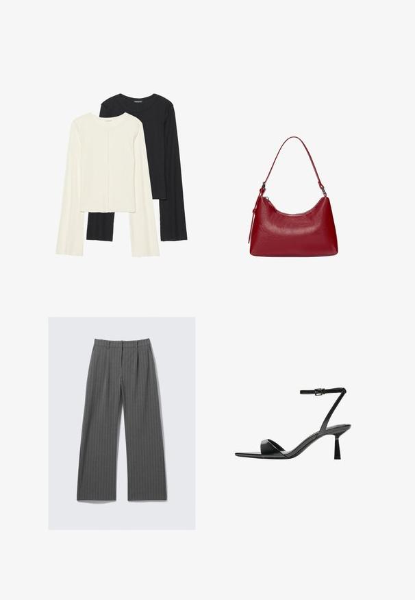 Set van twee longsleeve tops in wit en zwart. Geribbelde textuur, ronde hals, aansluitend ontwerp met licht uitlopende mouwen.; Grijze gestreepte wijde broek met plooien aan de voorkant en riemlussen, platgelegd op een witte achtergrond.; Bershka Sandalen met hoge hak - black; Rode leren schoudertas met een gebogen ontwerp, een gladde textuur en een ritssluiting. Het heeft een dunne hengsel om te dragen.