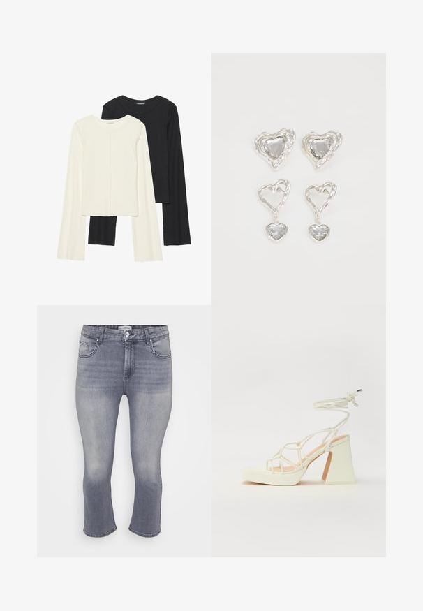 Nabor dveh dolgih rokavov v beli in črni barvi. Žameten vzorec, okrogla ovratnica, prilegajoča zasnova z rahlo razširjenimi rokavi.; Sive kavbojke z srednjim pasom, krajšo dolžino, rahlim bledenjem na stegnih, petimi žepi in zapiranjem na gumbe.; Bela sandala na visokih petah s debelim petam, ki ima obliko trakcev in vezanje okoli gležnja. Gladka tekstura z platformo spredaj za dodatno višino.; Srebrni uhani v obliki srca vsebujejo fasetirane prosojne kamne ter teksturiran okvir. Komplet vključuje stenske in viseče sloge.