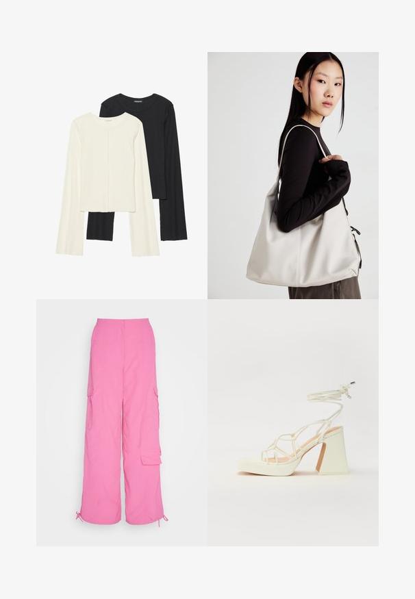 Sæt med to langærmede toppe i hvid og sort. Ribbet tekstur, rund halsudskæring, tætsiddende design med let udvidede ærmer.; Lyserøde cargo-bukser med bred ben-design, knaplukning, flere sidelommer og justerbare snøremanchetter, fremstillet af let materiale.; Hvide højhælede sandaler med en kraftig hæl, der har et stropdesign og ankelbinding. Glat tekstur med en platform foran for ekstra højde.; Beige håndtaske lavet af blødt materiale med et slouchy design, stikninger og to skulderremme. Velegnet til daglig brug.