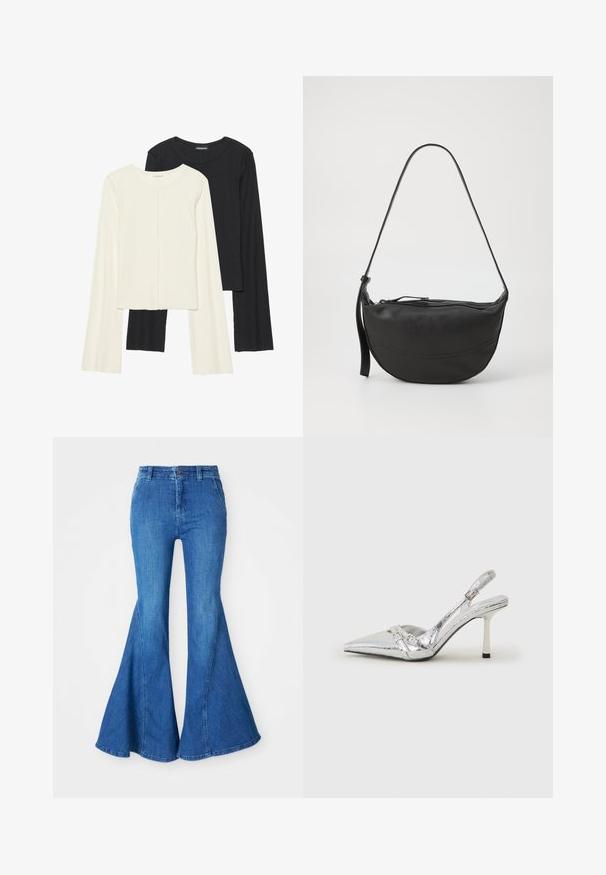 Sett med to langermede topper i hvit og svart. Ribbete tekstur, rund hals, tettsittende design med lett utsvingte ermer.; Jeans med vid bukseform i denim med middels blå vask, høy midje og brede ben. Har synlig søm og knappelukking i midjen.; Sølv slingback høyhelte sko med spiss tå, metallisk finish, to dekorative stropper, og en slank hæl med svart tupp.; Svart lær skulderveske med buet form, enkel stropp, glidelås-lukking, og diskret sømdetaljering langs kroppen.