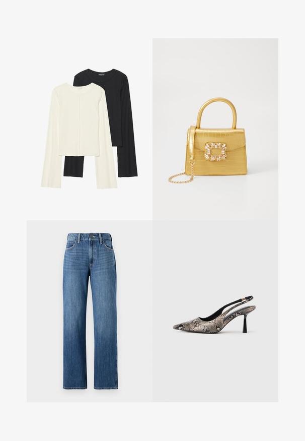 Set de două bluze cu mâneci lungi, una albă și una neagră. Textură ribbată, decolteu rotund, design ajustat cu mâneci ușor evazate.; Jeans din denim albastru cu design drept, talie medie și buzunare frontale și dorsale. Țesătura are o estompare subtilă.; Pantofi slingback cu vârf ascuțit, din material texturat cu imprimeu de șarpe, având un toc subțire negru și un design decupat pe laterale.; Geantă galbenă din faux-crocodil cu un design structurat, mână superioară, curea detașabilă cu lanț și embellisment decorativ cu cristale pe închidere.