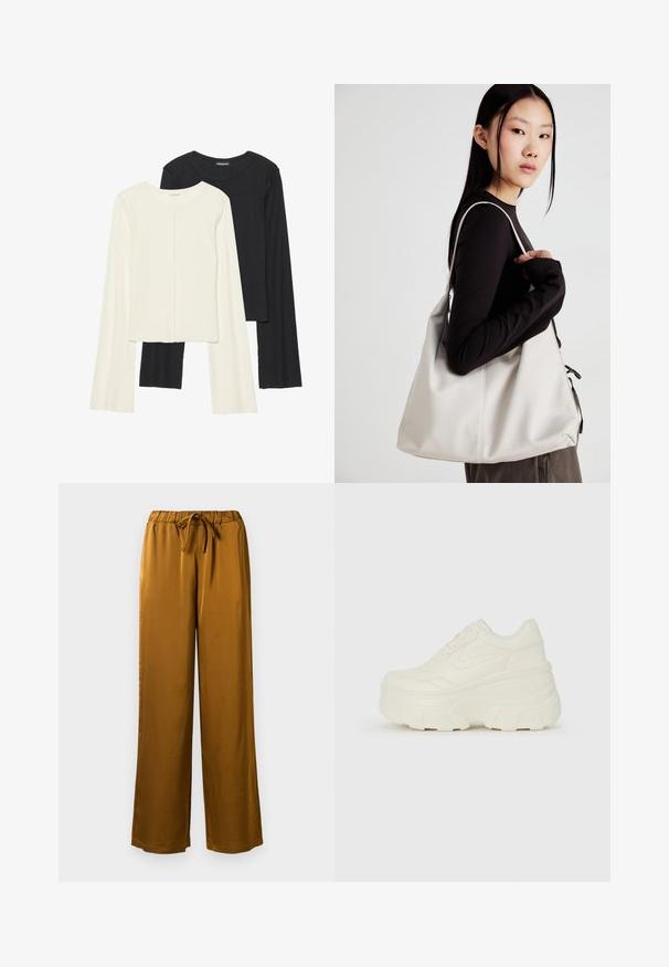 Set van twee longsleeve tops in wit en zwart. Geribbelde textuur, ronde hals, aansluitend ontwerp met licht uitlopende mouwen.; Bruine satijnen broek met een hoge taille en trekkoord. Glad textuur en volle lengte ontwerp met een relaxte pasvorm.; Witte platform sneakers met een gladde leren bovenkant, afgeronde vorm, gewatteerde kraag en een gestructureerde rubberen zool met duidelijke profiel.; Beige handtas gemaakt van zacht materiaal, met een slonzig ontwerp, gestikte details en twee schouderbanden. Geschikt voor dagelijks gebruik.