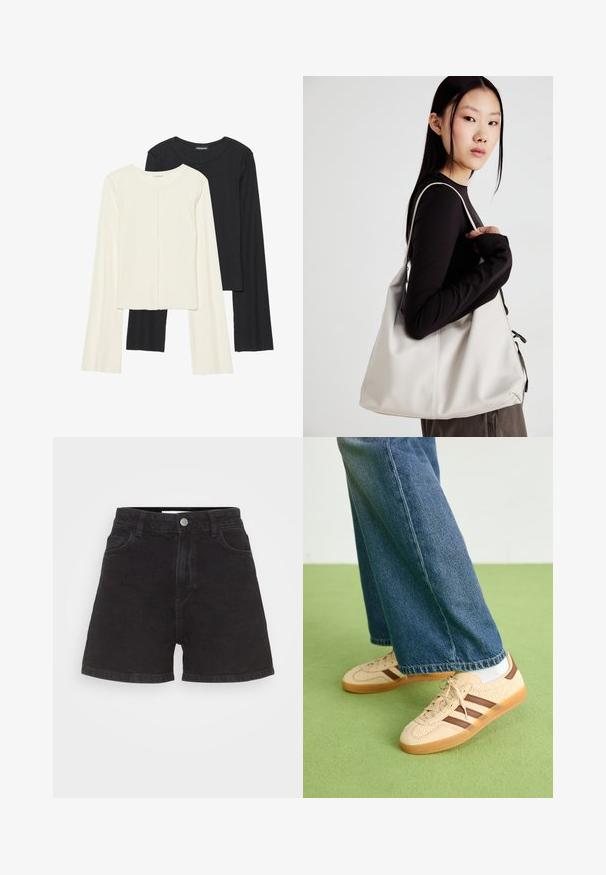 Set od dvije duge majice s dugim rukavima u bijeloj i crnoj boji. Rebrasta tekstura, okrugli izrez, uski kroj s blago raširenim rukavima.; Crne traperice kratke hlače s visokim strukom, pet džepova i prednjim kopčanjem na gumb. Odlikuje ih jednostavan, neukrašen dizajn.; Bež tenisice s teksturiranim kremastim panelima i smeškim prugama, u kombinaciji s plavim trapericama. Traperice imaju široke nogavice i poderane rubove.; Bežna torba od mekog materijala s opuštenim dizajnom, šivanim detaljima i dva remena za rame. Pogodna za svakodnevnu upotrebu.