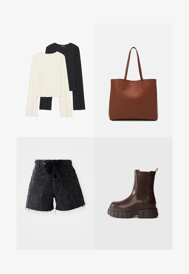 Souprava dvou dlouhých rukávů v bílé a černé barvě. Hladká textura, kulatý výstřih, upnutý střih s mírně rozšířenými rukávy.; Černé džíny šortky s třásněmi na lemu, mají dvě velké přední kapsy a stahovací pas. Materiál má strukturovaný povrch.; Tmavě hnědá kožená kotníková bota s robustní podrážkou a elastickou boční částí, umístěná na jednoduchém bílém pozadí.; Hnědá kožená taška přes rameno s hladkou texturou, otevřeným designem a dvěma ramenními popruhy. Obsahuje minimální švy a žádné viditelné kovové prvky.