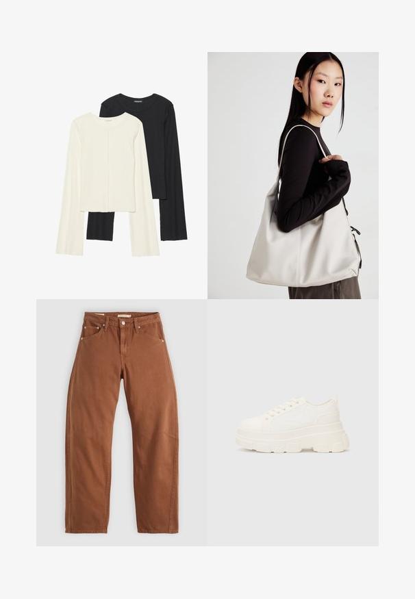 Set of two long-sleeve tops in white and black. Ribbed texture, round neck, fitted design with slightly flared sleeves.; Rust brown straight-leg jeans with front and back pockets, metal rivets, button closure, and belt loops, laid flat on a white background.; White canvas sneaker with a chunky sole, rounded toe, and five eyelets for laces. Back tab for easy wear. Smooth texture, minimalist design.; Beige handbag made of soft material, featuring a slouchy design, stitched detailing, and two shoulder straps. Suitable for everyday use.