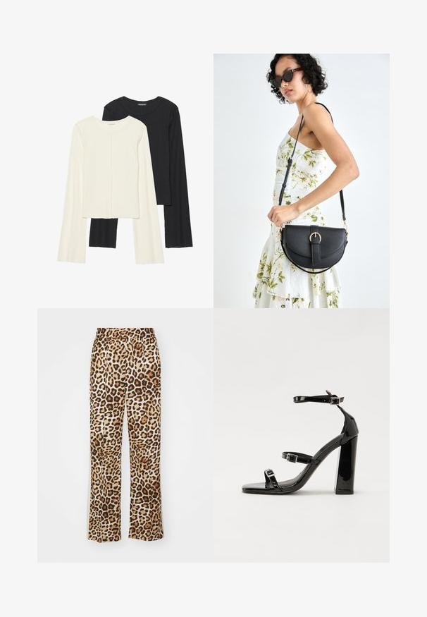Nabor dveh dolgih rokavov v beli in črni barvi. Žameten vzorec, okrogla ovratnica, prilegajoča zasnova z rahlo razširjenimi rokavi.; Hlače z leopardjim vzorcem, izdelane iz mehkega blaga, z sproščenim krojem, širokimi nogami in elastičnim pasom v bež in rjavih odtenkih.; Črne lakaste sandale z visokimi petami, z dvema trakovoma z zaponkama, kvadratnim sprednjim delom in masivno širšo peto, z gladko, sijočo teksturo.; Črna usnjena torbica s ukrivljeno obliko, z odstranljivo naramnico in zlatimi dodatki. Torbica ima pokrov s podrobnostmi v obliki zaponke.