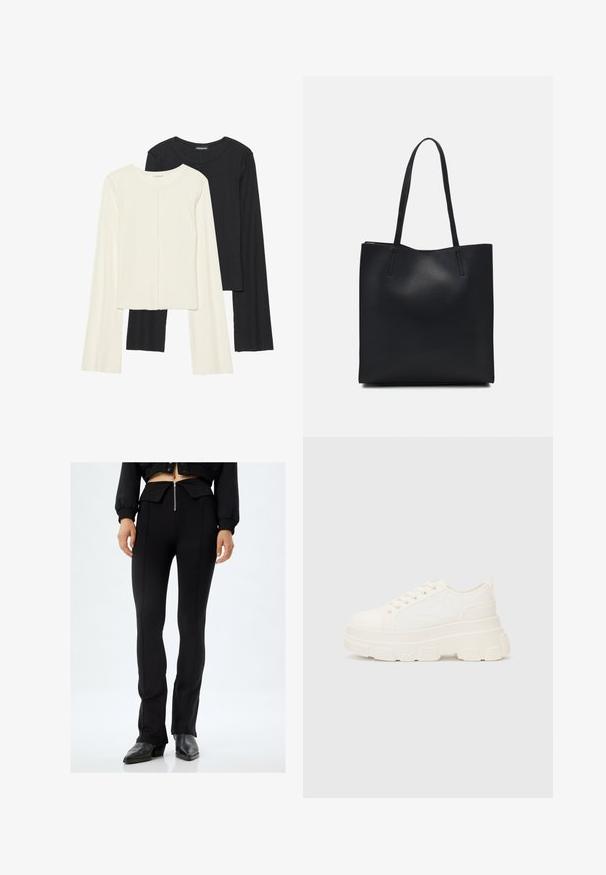 Kaksi pitkähihainen puseroa valkoisena ja mustana. Varren neulos, pyöreä kaulus, tiukka malli, jossa on hieman levenevät hihat.; Musta kapea housut, joissa on korkea vyötärö, vetoketjukiinnitys ja sauma yksityiskohtia. Sileä tekstuuri, jossa on lievä leveneminen alaosassa.; Valkoinen kangaskenkä paksulla pohjalla, pyöreällä kärjellä ja viidellä nauhakuutiolla. Takareunan vipu helpottaa pukemista. Sileä pinta, minimalistinen muotoilu.; Mustapahkainen kangaskassi, jossa on sileä pinta, suorakaiteen muotoinen ja kaksi pitkää kahvaa. Ei näkyvää metalliosaa tai koristeita.