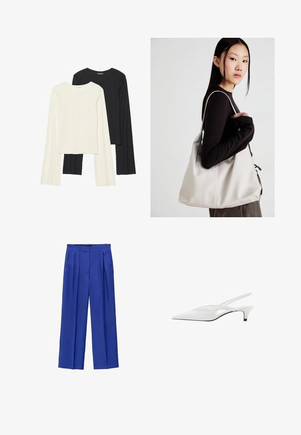 Set of two long-sleeve tops in white and black. Ribbed texture, round neck, fitted design with slightly flared sleeves.; Wide-leg trousers in bright blue fabric, featuring a high waist, pleats, and side pockets. Smooth texture with a tailored fit.; White slingback heel with pointed toe, featuring a smooth upper, subtle cutouts, and a low block heel. Black sole accentuates design.; Beige handbag made of soft material, featuring a slouchy design, stitched detailing, and two shoulder straps. Suitable for everyday use.