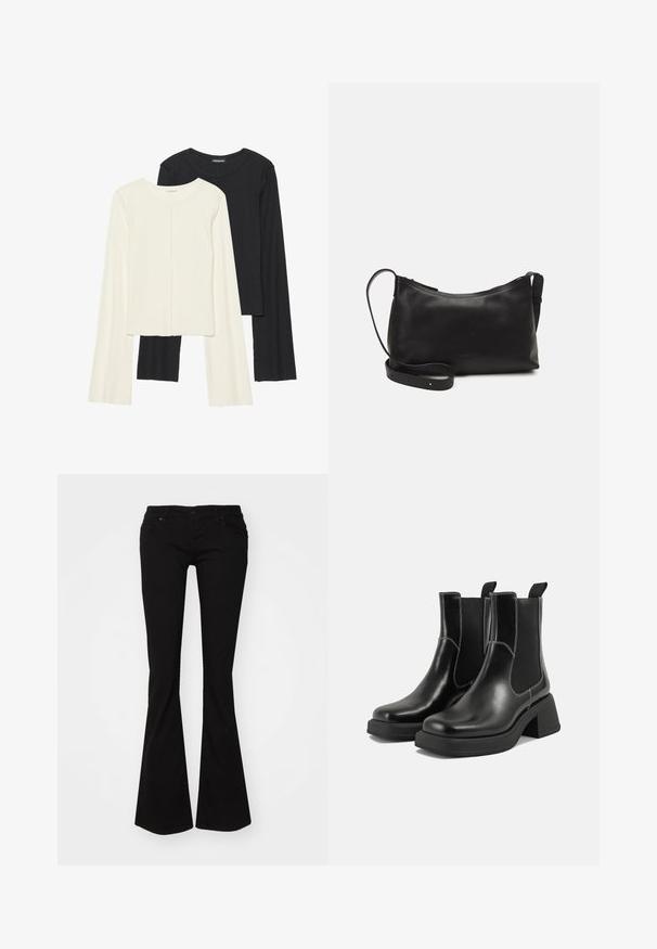 Set van twee longsleeve tops in wit en zwart. Geribbelde textuur, ronde hals, aansluitend ontwerp met licht uitlopende mouwen.; Zwarte flared jeans van denim, met een ritssluiting, vijf zakken en een aangesloten taille die naar een brede zoom bij de enkels loopt.; Zwarte leren Chelsea-boots met een chunky hak, elastische zijpanelen en contrasterende witte stiksels. Gestructureerde afwerking.; Zwarte leren schoudertas met een gladde textuur, gebogen vorm, verstelbare schouderband en een ritsafsluiting. Minimalistisch ontwerp zonder versieringen.