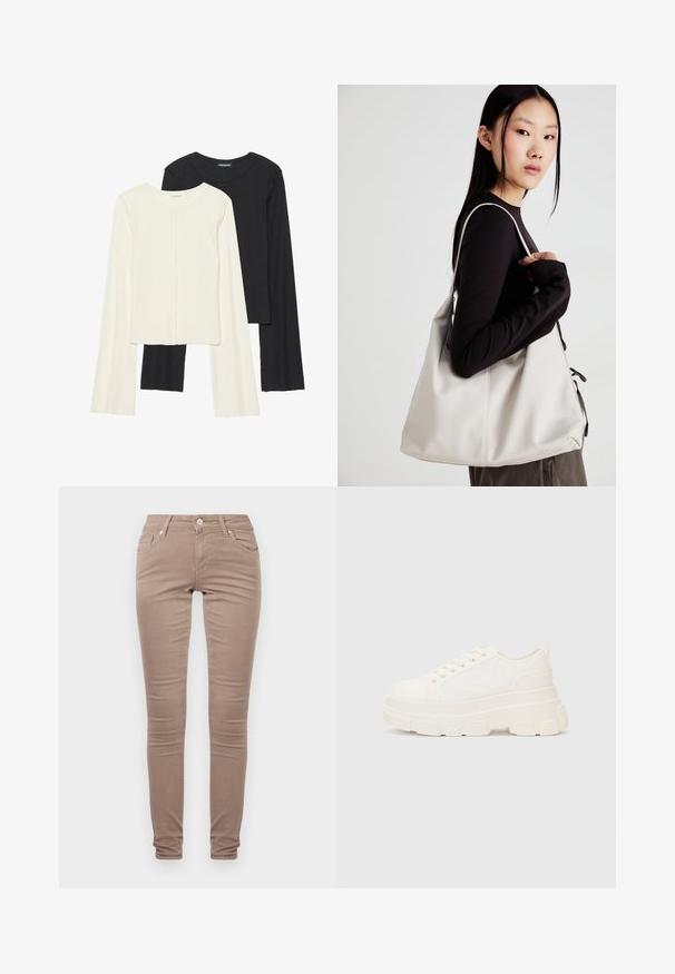 Divu garo piedurkņu tops komplekts baltā un melnā krāsā. Ribota tekstūra, apaļš kakls, pieguļoša dizaina ar nedaudz izplestām piedurknēm.; Tievās bikses gaiši brūnā audumā ar klasisku piecu kabatu dizainu, ar rāvējslēdzēju un viegli teksturētu apdari.; Baltas kavu tenisa apavi ar masīvu zoli, apaļu purngalu un piecām acīm auklām. Aizmugures cilpa vieglai uzvilkšanai. Gluda tekstūra, minimāls dizains.; Bežs rokassoma, izgatavota no mīksta materiāla, ar brīvu dizainu, izšūtu apdari un divām plecu siksnām. Piemērota ikdienas lietošanai.