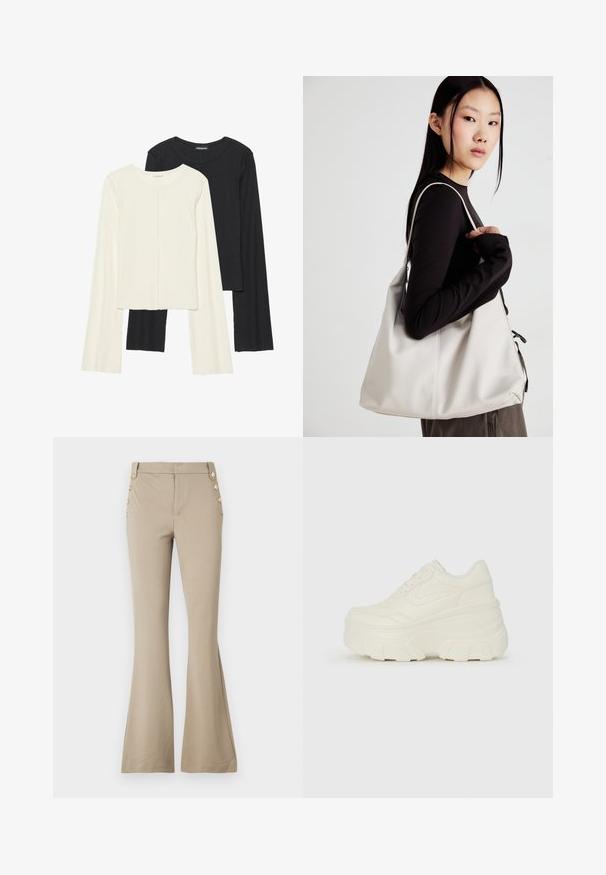 Set van twee longsleeve tops in wit en zwart. Geribbelde textuur, ronde hals, aansluitend ontwerp met licht uitlopende mouwen.; Beige flare broek gemaakt van zacht stof, met een aansluitende taille en vijf decoratieve gouden knopen aan elke kant. Gladde textuur zonder patronen.; Witte platform sneakers met een gladde leren bovenkant, afgeronde vorm, gewatteerde kraag en een gestructureerde rubberen zool met duidelijke profiel.; Beige handtas gemaakt van zacht materiaal, met een slonzig ontwerp, gestikte details en twee schouderbanden. Geschikt voor dagelijks gebruik.