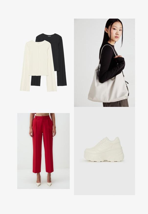 Zestaw dwóch bluzek z długim rękawem w kolorze białym i czarnym. Prążkowana struktura, okrągły dekolt, dopasowany fason z lekko rozszerzanymi rękawami.; Czerwone dopasowane spodnie z wysokim stanem, plisowanym przodem, prostymi nogawkami i gładką teksturą materiału. Noszone z białymi spiczastymi szpilkami.; Białe sneakersy na platformie z gładkim, skórzano przypominającym wierzchem, zaokrąglonym kształtem, wyściełanym kołnierzem oraz teksturowaną gumową podeszwą z wyraźnym bieżnikiem.; Beżowa torebka wykonana z miękkiego materiału, charakteryzująca się luźnym fasonem, wyszywanymi detalami i dwoma uchwytami na ramię. Idealna na co dzień.