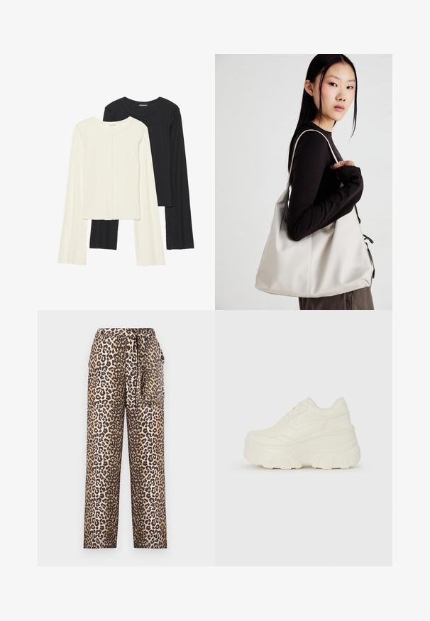Set of two long-sleeve tops in white and black. Ribbed texture, round neck, fitted design with slightly flared sleeves.; Leopard print wide-leg trousers in a soft fabric, featuring a tied waist detail and a smooth texture. Color palette includes beige and black.; White platform sneakers featuring a smooth leather-like upper, rounded shape, padded collar, and textured rubber sole with defined treads.; Beige handbag made of soft material, featuring a slouchy design, stitched detailing, and two shoulder straps. Suitable for everyday use.