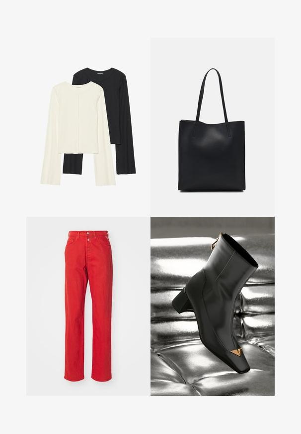 Divu garo piedurkņu tops komplekts baltā un melnā krāsā. Ribota tekstūra, apaļš kakls, pieguļoša dizaina ar nedaudz izplestām piedurknēm.; Sarkani džinsi ar taisnu kāju dizainu, augsto vidukli, pogu aizdari un piecām kabatām. Audums ir gluds, bez redzamām rakstām.; Melnas ādas potītēm paredzētas zābaki ar kvadrātveida purngalu, zelta trīsstūra akcentu un vidējas augstuma papēdi. Gluda tekstūra uz spīdīga sudraba fona.; Melnas ādas somiņa ar gludu tekstūru, taisnstūra formu un divām garām rokturiem. Nav redzamu aparatūras vai rotājumu.