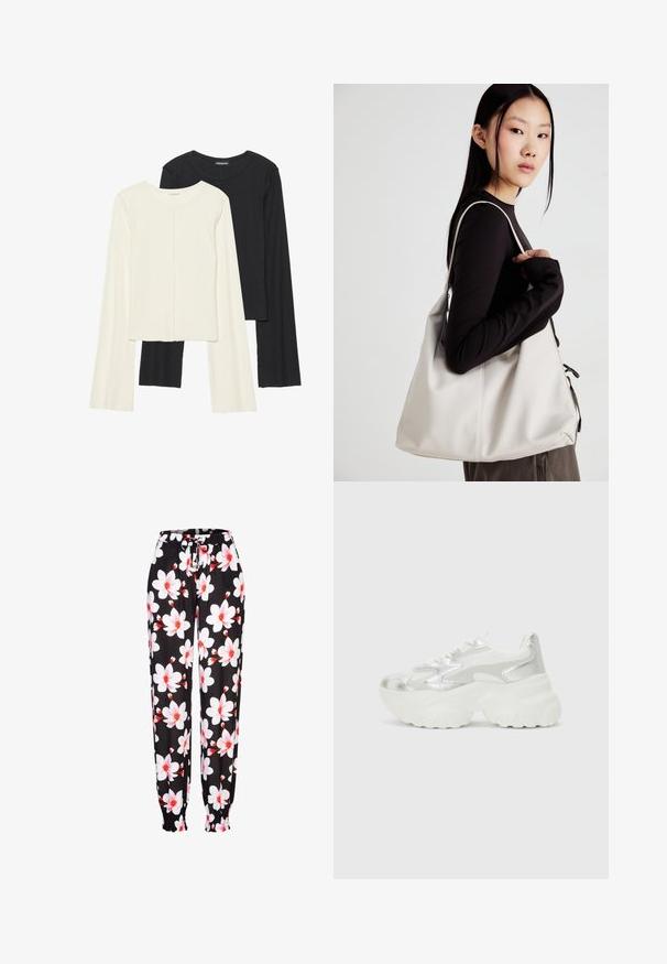 Sett med to langermede topper i hvit og svart. Ribbete tekstur, rund hals, tettsittende design med lett utsvingte ermer.; Sorte tekstilbukser med hvit og rød blomsterdesign, elastisk midje med snor, og innsamlede mansjetter. Lett materiale.; Sølv sneakers med en teksturert mesh-overdel og iriserende aksenter, med en kraftig hvit såle og snørelukking.; Beige håndveske laget av mykt materiale, med en slapp design, sydd detaljer og to skulderstropper. Passer for daglig bruk.