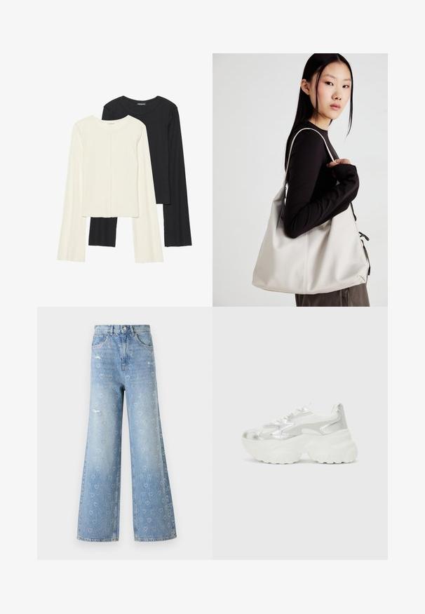 Set od dvije duge majice s dugim rukavima u bijeloj i crnoj boji. Rebrasta tekstura, okrugli izrez, uski kroj s blago raširenim rukavima.; Svijetloplavi traper, široke hlače s uzorkom izrezanih srca i srebrnim zakovicama. Visok struk s klasičnim dizajnom pet džepova.; Srebrne tenisice s teksturiranim mrežastim gornjištem i iridescentnim akcentima, s debelim bijelim potplatom i vezanjem na vezice.; Bežna torba od mekog materijala s opuštenim dizajnom, šivanim detaljima i dva remena za rame. Pogodna za svakodnevnu upotrebu.