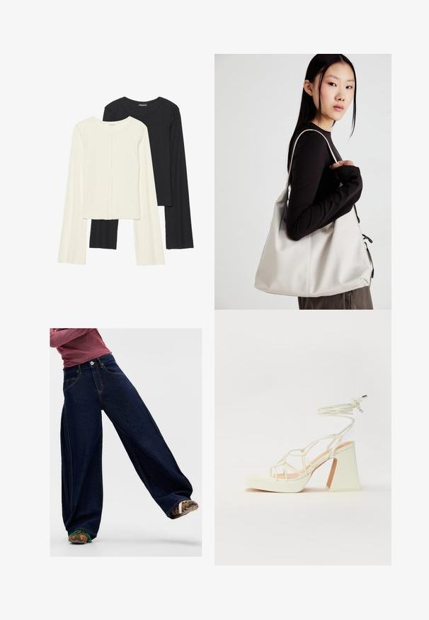 Kaksi pitkähihainen puseroa valkoisena ja mustana. Varren neulos, pyöreä kaulus, tiukka malli, jossa on hieman levenevät hihat.; Tummansiniset leveälahkeiset farkut, jotka on valmistettu denimistä, kontrastivärillä ommeltuina, edessä taskulla ja nappikiinnityksellä vyötäröllä. Kankaan tekstuuri näkyy.; Valkoinen korkokenkä, jossa on paksu korko, ja joka sisältää nauhakiinnityksen ja nilkkaketjun. Sujuva pinta, jossa on platform-etupohja lisäkorkeutta varten.; Beige laukku, joka on valmistettu pehmeästä materiaalista, ja siinä on rento muotoilu, ommeltu yksityiskohtia ja kaksi olkahihnaa. Sopii päivittäiseen käyttöön.