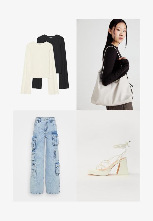 Σέτ δύο μακρυμάνικων μπλουζών σε λευκό και μαύρο. Ριπ υφή, στρογγυλή λαιμόκοψη, εφαρμοστή γραμμή με ελαφρώς φαρδιές μανίκες.; Τζιν cargo παντελόνι σε ανοιχτό μπλε απόχρωση με ψηλή μέση, φαρδιά πόδια και πολλές πλαϊνές τσέπες. Περιλαμβάνει τσέπη με φερμουάρ και λεπτομέρειες ραφής.; Λευκό πέδιλο με ψηλό τακούνι και χοντρή φτέρνα, διαθέτει σχέδιο με λουριά και λουράκι στον αστράγαλο. Λείο υλικό με μπροστινό πλατφόρμα για επιπλέον ύψος.; Μπεζ τσάντα χειρός από μαλακό υλικό, με χαλαρή σχεδίαση, ραφές και δύο λουράκια ώμου. Κατάλληλη για καθημερινή χρήση.