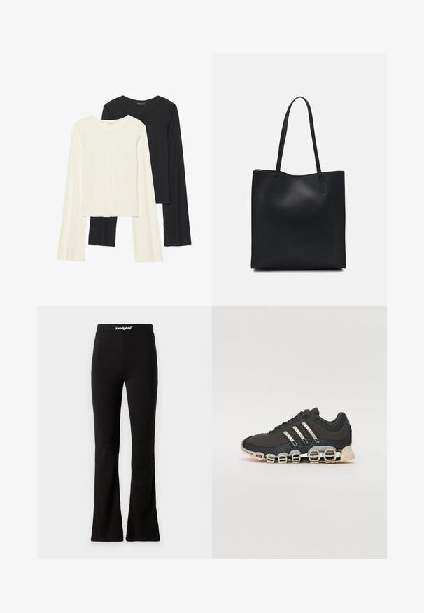 Két darabból álló hosszú ujjú felsők szettje fehér és fekete színben. Bordás textúra, kerek nyakkivágás, testhez simuló fazon, enyhén bővülő ujjakkal.; Fekete, bővülő szabású leggings sima textúrával és elasztikus derékpánttal, fehér logóval. Kényelemre és rugalmasságra tervezve.; Fekete sportcipő texturált felsőrésszel, három ezüst csíkkal, és egy jellegzetes párnázott talppal, amely több integrált szakaszból áll.; Fekete bőrtáska sima felszínnel, téglalap alakú, két hosszú füllel. Nincs látható fémkiegészítő vagy díszítés.