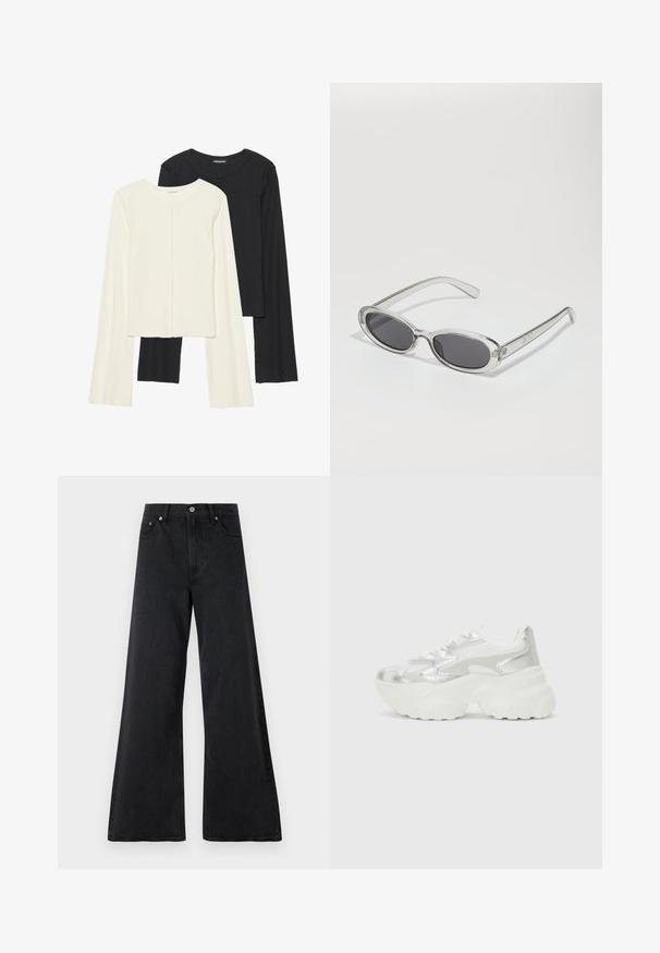 Kaksik Eri pikkusega valge ja musta värvi pikkade varrukatega topsi. Ribikstruktuur, ümar kaelus, lihav disain, veidi laienevate varrukatega.; Mustad laiad teksapüksid, mis on valmistatud tekstuuritud denimist, esitavad nööbi sulgemise, vöötagumised silmused ja esi-taskud. Sile lõpetus ja vabam lõige.; Hõbedane sneaker, millel on tekstuuriga võrgust ülemine osa ja iridesSentne aktsent, pakub tummist valget tallat ja nööridega sulgemist.; Ovaalsed prillid, millel on selge plastraam, tumehallid läätsed ja õhukesed läbipaistvad sangad, kus on logode aktsendid ja minimaalne detailirohkus.; Bež käekott pehme materjali, millel on lõtv disain, õmblustega detailid ja kaks õlarihma. Sobib igapäevaseks kasutamiseks.