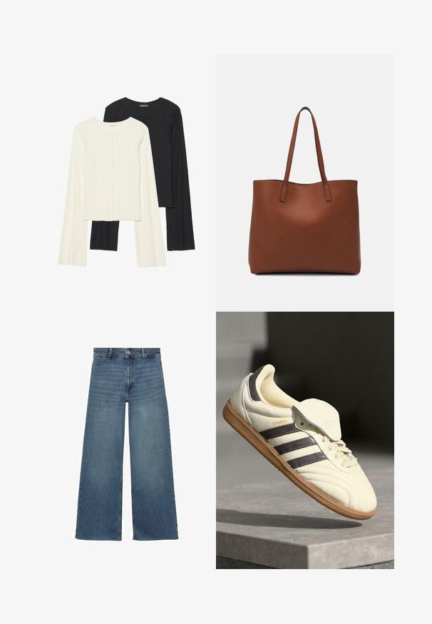 Set od dvije duge majice s dugim rukavima u bijeloj i crnoj boji. Rebrasta tekstura, okrugli izrez, uski kroj s blago raširenim rukavima.; Široke plave traperice s visokim strukom, s kopčanjem na dugme i zatvaračem, te glatkom, teksturiranom završnom obradom.; Kremaste kožne tenisice s tri tamne pruge, smešnim gumiranim potplatom i zaobljenim vrhom. Imaju preklopni jezik označen s "SAMBA."; Smeđa kožna torba preko ramena s glatkom teksturom, otvorenim vrhom i dvjema naramenicama. Ima minimalne šavove i nema vidljivog hardvera.