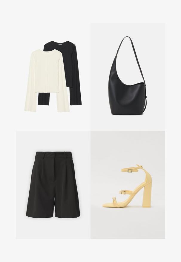 Két darabból álló hosszú ujjú felsők szettje fehér és fekete színben. Bordás textúra, kerek nyakkivágás, testhez simuló fazon, enyhén bővülő ujjakkal.; Fekete, fazonra szabott sort, elöl redőkkel, széles derékpánttal és sima textúrával. Nincs látható zseb.; Sárga, tömbsarkú szandál három állítható pánttal, szögletes orrbetéttel, sima szintetikus anyagból készült, ezüstszínű csatokkal.; Fekete bőr hobo táska sima textúrával, ívelt formával és egyetlen állítható pánttal; széles nyílás található a tetején.
