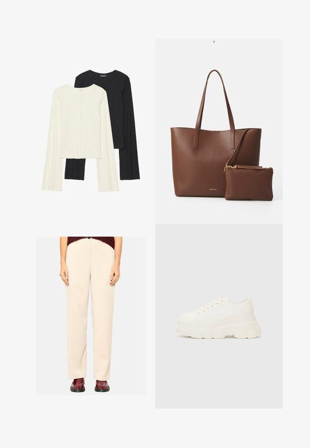 Kaksik Eri pikkusega valge ja musta värvi pikkade varrukatega topsi. Ribikstruktuur, ümar kaelus, lihav disain, veidi laienevate varrukatega.; Beežid korduroy püksid sirge lõikega, millel on laiad jalad ja ribaline tekstuur, täiustatud läikivate burgundiate kingadega.; Valge kangast tennis, millel on paks tald, ümar varvas ja viis augukeed lakkide jaoks. Tagumine silt lihtsaks jalga panemiseks. Sile tekstuur, minimalistik disain.; Pruun kunstnahast kott kahe pika käepidemega ja sobiva väikese kotti. Pinna peal on tekstuuriga muster ja kuldsed metallist detailid.