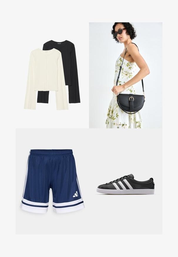 Sett med to langermede topper i hvit og svart. Ribbete tekstur, rund hals, tettsittende design med lett utsvingte ermer.; Mørkeblå treningsshorts laget av lett stoff, med hvite detaljer og tre hvite striper på sidene. Justerbar elastisk midjebånd.; Svart lær sneakers med hvit tre-stripes design, rund tå, flat hvit gummisåle og merkevaredetalj på siden.; Svart lærveske med en buet form, avtagbar stropp og gullbeslag. Vesken har et klaff med spenne-detall.