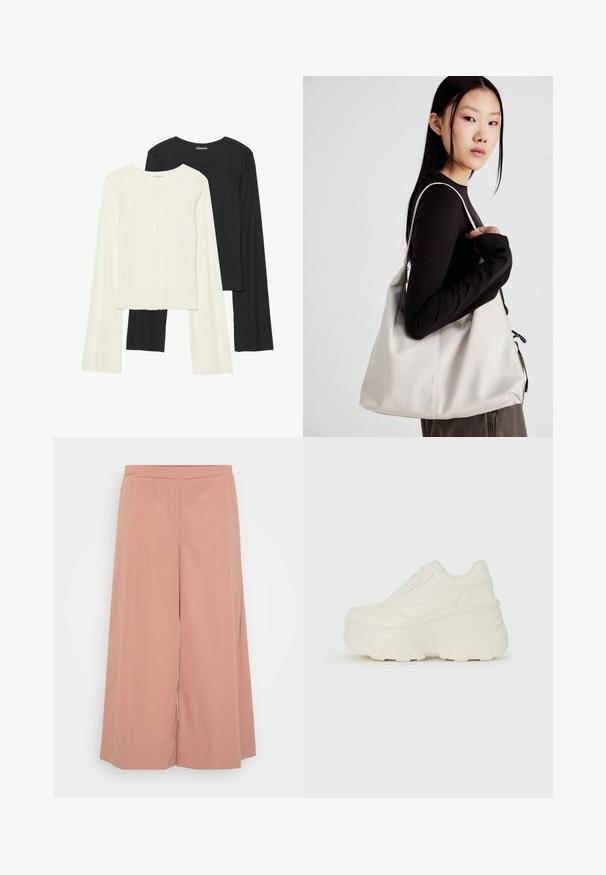 Conjunto de duas blusas de manga longa em branco e preto. Textura canelada, decote redondo, design ajustado com mangas ligeiramente evasê.; Calças largas cor-de-rosa feitas de tecido suave, com um cós elástico, textura lisa e um design solto e fluido.; Tênis brancos de plataforma com um cabedal suave semelhante a couro, formato arredondado, colarinho acolchoado e sola de borracha texturizada com ranhuras bem definidas.; Uma bolsa bege feita de material macio, com um design descontraído, detalhes de costura e duas alças para o ombro. Adequada para uso diário.