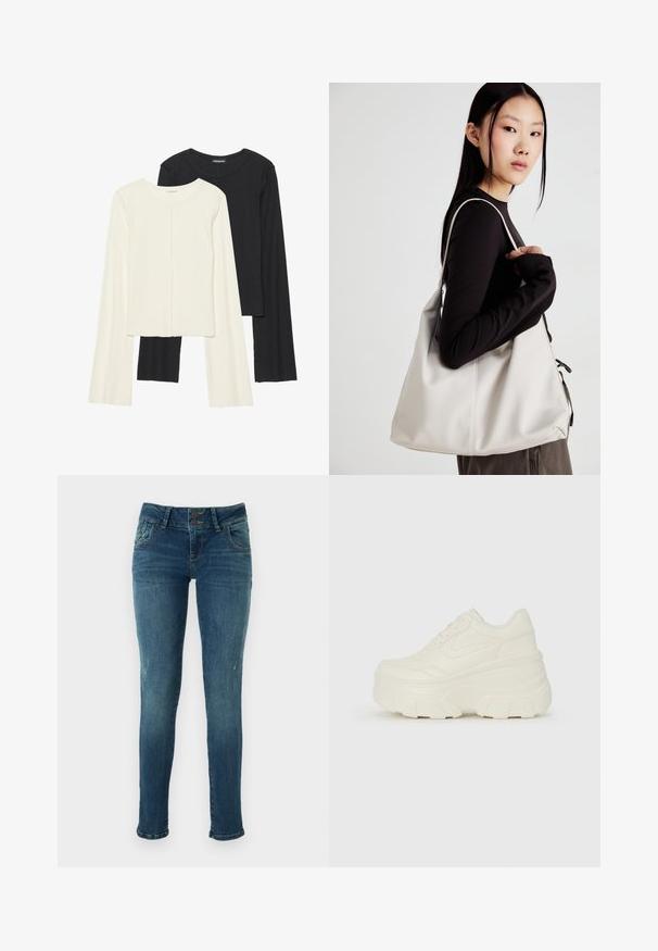 Conjunto de duas blusas de manga longa em branco e preto. Textura canelada, decote redondo, design ajustado com mangas ligeiramente evasê.; Jeans skinny de denim azul com um acabamento desbotado, fecho de dois botões, cinco bolsos e detalhes ligeiramente desgastados perto dos joelhos.; Tênis brancos de plataforma com um cabedal suave semelhante a couro, formato arredondado, colarinho acolchoado e sola de borracha texturizada com ranhuras bem definidas.; Uma bolsa bege feita de material macio, com um design descontraído, detalhes de costura e duas alças para o ombro. Adequada para uso diário.
