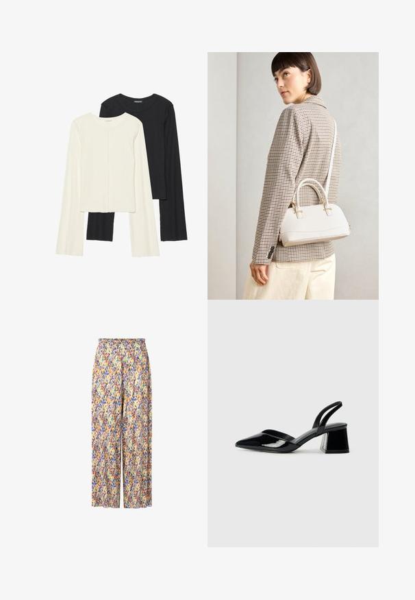 Kaksik Eri pikkusega valge ja musta värvi pikkade varrukatega topsi. Ribikstruktuur, ümar kaelus, lihav disain, veidi laienevate varrukatega.; Mustrilised lai jalad püksid, millel on smockitud vöökoht. Värvid on kollane, lilla, sinine ja roheline, mis on kujundatud sprei disainiga.; Mustad musta lakknahk kingad, millel on terav varvas ja geomeetriline plokkkonts. Omab elegantselt minimalistlikku disaini ja sujuvat tekstuuri.; Valge struktureeritud käekott lühikeste käepidemete ja õlavööga, millel on kuldse riistvara aktsendid ja tekstuuriga materjal, eksponeeritud halli taustal.