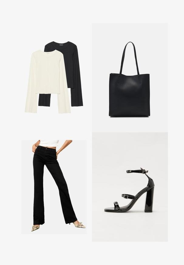 Nabor dveh dolgih rokavov v beli in črni barvi. Žameten vzorec, okrogla ovratnica, prilegajoča zasnova z rahlo razširjenimi rokavi.; Črne razširjene kavbojke iz denima, ki vključujejo sprednji gumb in zasnovo s petimi žepi, prikazane na nevtralni podlagi.; Črne lakirane sandale s peto, kvadratnim prstom, trakovi okrog gležnja in srebrnimi zaponkami. Opremljene so s stabilno Debelo peto.; Črna usnjena torba s svilnato teksturo, pravokotne oblike in dvema dolgima ročajema. Brez vidnih metalnih delov ali okrasnih elementov.