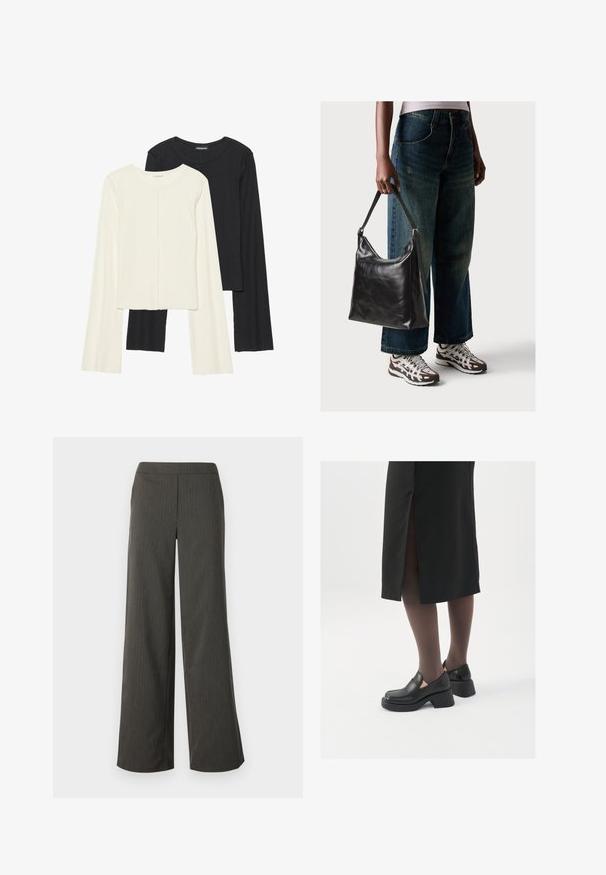 Conjunto de duas blusas de manga longa em branco e preto. Textura canelada, decote redondo, design ajustado com mangas ligeiramente evasê.; Calças largas em cinza escuro com riscas verticais, apresentando uma textura suave e uma cintura elástica para conforto.; Sapatos de couro pretos com bico arredondado, salto bloco grosso e detalhes elásticos laterais, combinados com meias escuras e uma saia preta com uma abertura.; Bolsa de ombro em couro preto com textura suave e alça ajustável, combinada com jeans de perna larga desbotados e ténis desportivos.