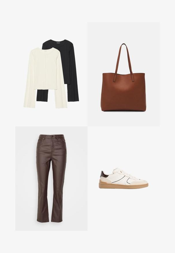 Set aus zwei Langarmoberteilen in Weiß und Schwarz. Rippstruktur, Rundhalsausschnitt, figurbetontes Design mit leicht ausgestellten Ärmeln.; Braune Kunstlederhosen mit geradem Schnitt, ausgestattet mit fünf Taschen, einem vorderen Knopfverschluss und sichtbaren Steppnähten.; Stradivarius Sneaker low - white; Braune Leder-Tote mit glatter Textur, offenem Oberteil und zwei Schulterriemen. Verfügt über minimale Nähte und keine sichtbaren Beschläge.