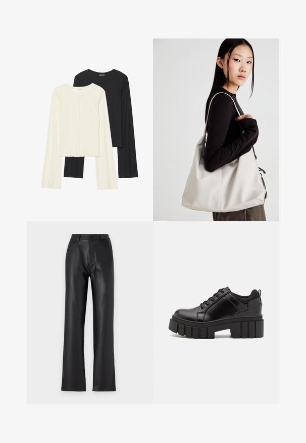 Set di due maglie a maniche lunghe, bianche e nere. Texture a coste, scollo tondo, design aderente con maniche leggermente svasate.; Pantaloni in ecopelle nera con design a gamba dritta, dotati di tasche frontali, zip e chiusura con bottone. Texture liscia.; Scarpe platform in pelle nera con tacco a blocco robusto, punta rotonda e design tradizionale con lacci. Presentano una superficie liscia e dettagli minimi.; Borsa a mano beige realizzata in materiale morbido, caratterizzata da un design morbido, dettagli cuciti e due manici. Adatta per l'uso quotidiano.