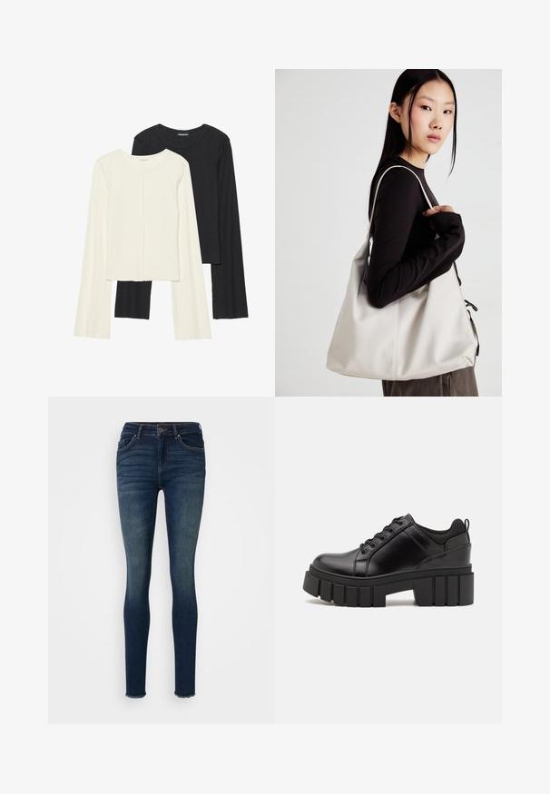 Conjunto de duas blusas de manga longa em branco e preto. Textura canelada, decote redondo, design ajustado com mangas ligeiramente evasê.; Jeans skinny azul-escuro em tecido denim, com cintura de média altura, design de cinco bolsos e barras desfiadas. Textura suave com desbotamento discreto.; Sapatos de plataforma em couro preto com um salto bloco robusto, bico redondo e design clássico de atacadores. Apresentam uma textura suave e detalhes mínimos.; Uma bolsa bege feita de material macio, com um design descontraído, detalhes de costura e duas alças para o ombro. Adequada para uso diário.