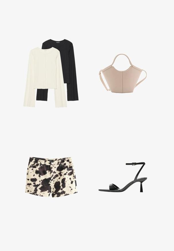Zestaw dwóch bluzek z długim rękawem w kolorze białym i czarnym. Prążkowana struktura, okrągły dekolt, dopasowany fason z lekko rozszerzanymi rękawami.; Spodenki dżinsowe w beżowej bazie w czarno-brązowy nadruk w cętkę. Posiadają pięć kieszeni, metalowy guzik oraz kontrastowe szwy.; Bershka - Sandały na obcasie; Beżowa skórzana torebka o unikalnym kształcie, z dwoma krótkimi uchwytami i długim, regulowanym paskiem. Gładka tekstura z minimalną ilością elementów metalowych.