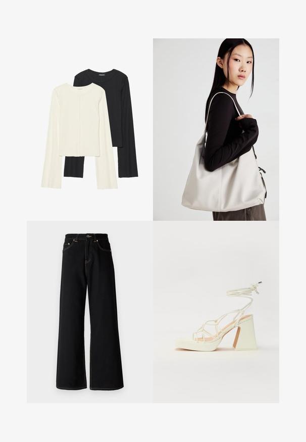 Set of two long-sleeve tops in white and black. Ribbed texture, round neck, fitted design with slightly flared sleeves.; Black wide-leg jeans made from denim, featuring contrasting yellow stitching, five pockets, and a button-fly closure at the waist.; White high-heeled sandal with a chunky heel, featuring a strappy design and ankle tie. Smooth texture with a platform front for added height.; Beige handbag made of soft material, featuring a slouchy design, stitched detailing, and two shoulder straps. Suitable for everyday use.