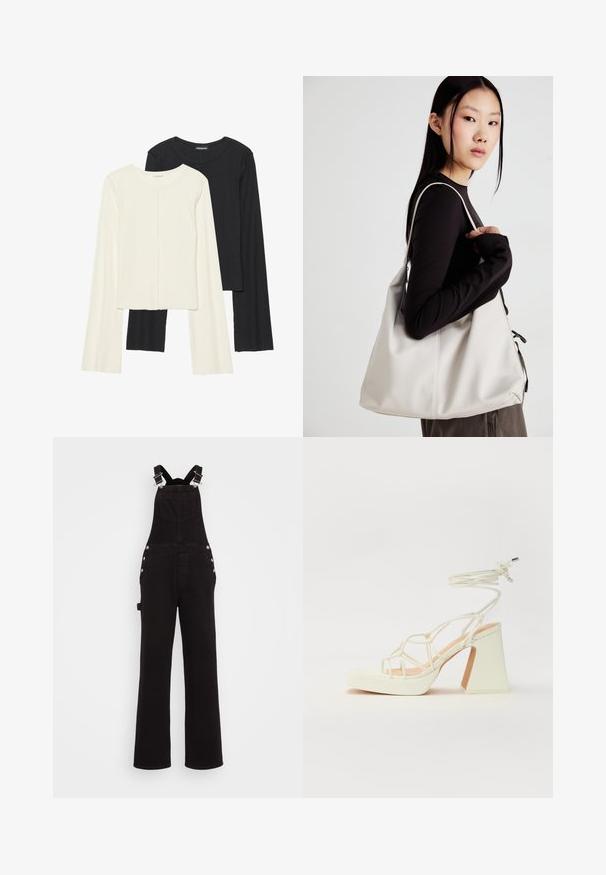 Sett med to langermede topper i hvit og svart. Ribbete tekstur, rund hals, tettsittende design med lett utsvingte ermer.; Sorte denim jumpsuit med brede ben, justerbare skulderstropper, sideknapper og frontlommer. Glatt tekstur og slitesterkt stoff.; Hvit høyhælte sandal med kraftig hæl, med en stroppe-design og ankelbånd. Glatt tekstur med plattform foran for ekstra høyde.; Beige håndveske laget av mykt materiale, med en slapp design, sydd detaljer og to skulderstropper. Passer for daglig bruk.
