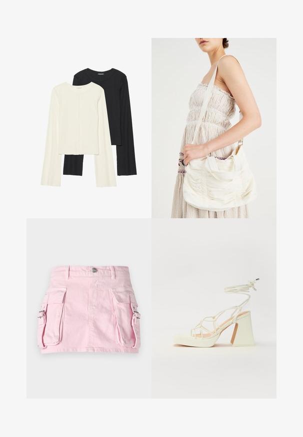 Két darabból álló hosszú ujjú felsők szettje fehér és fekete színben. Bordás textúra, kerek nyakkivágás, testhez simuló fazon, enyhén bővülő ujjakkal.; Rózsaszín farmer szoknya két oldalsó zsebbel, ezüst színű patentgomb zárással és struktúrált dizájnnal. Simítású textúra, látható varrási részletekkel.; Fehér, magassarkú szandál vastag sarokkal, pántos dizájnnal és bokapánttal. Sima textúra, elülső platformmal a megnövelt magasság érdekében.; Fehér szövet válltáska, gyűrt textúrával, állítható pánttal és ezüst színű fémrészletekkel. Egy krémszínű ruhával mellett kiállítva.