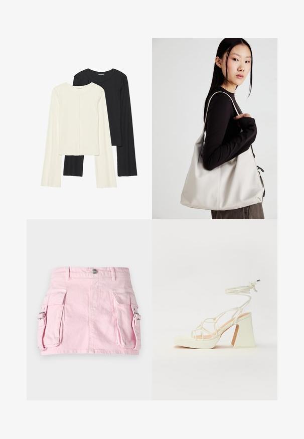 Sett med to langermede topper i hvit og svart. Ribbete tekstur, rund hals, tettsittende design med lett utsvingte ermer.; Rosa denim-skjørt med to sidelommer, sølvfarge trykknapplukking og en strukturert design. Glatt tekstur med synlige sømdetaljer.; Hvit høyhælte sandal med kraftig hæl, med en stroppe-design og ankelbånd. Glatt tekstur med plattform foran for ekstra høyde.; Beige håndveske laget av mykt materiale, med en slapp design, sydd detaljer og to skulderstropper. Passer for daglig bruk.