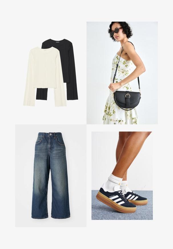 Sett med to langermede topper i hvit og svart. Ribbete tekstur, rund hals, tettsittende design med lett utsvingte ermer.; Bredde ben denim jeans i en middels blå vask, med frontlommer, knapp og glidelås lukking, og subtil falming på lårene.; Svarte sneakers i semsket skinn med hvite striper og detaljer, rund tå, yttersåle i gummigummi, kombinert med hvite ribbestrikkede crew-sokker.; Svart lærveske med en buet form, avtagbar stropp og gullbeslag. Vesken har et klaff med spenne-detall.