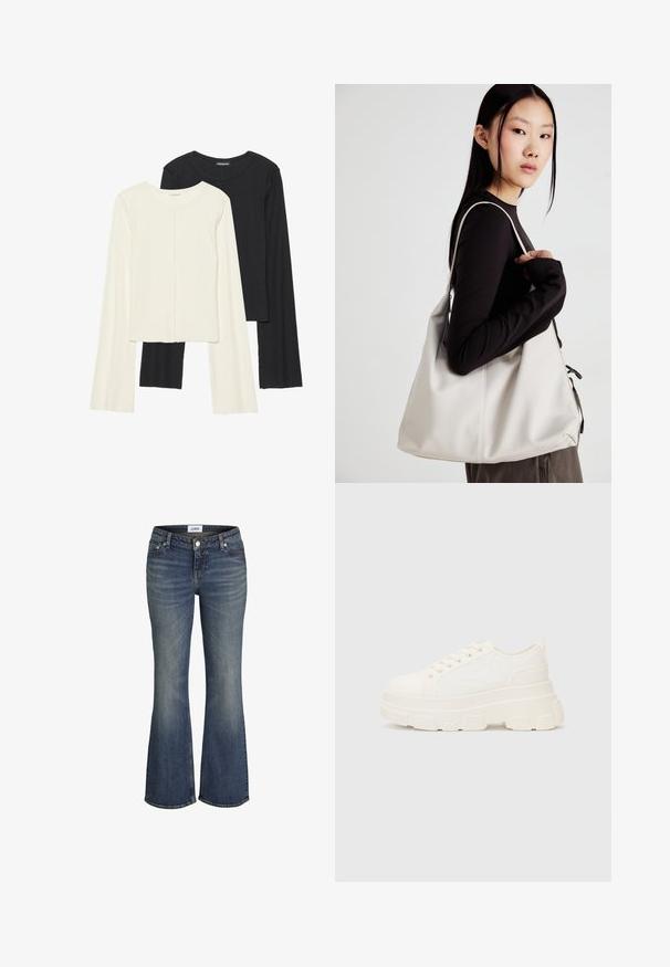 Conjunto de duas blusas de manga longa em branco e preto. Textura canelada, decote redondo, design ajustado com mangas ligeiramente evasê.; Jeans de ganga azul com ligeira descoloração nas coxas e joelhos, com botão e zipper na frente, estilo de perna bootcut.; Sapatilhas brancas em lona com sola espessa, biqueira arredondada e cinco ilhós para atacadores. Laço traseiro para calçar facilmente. Textura suave, design minimalista.; Uma bolsa bege feita de material macio, com um design descontraído, detalhes de costura e duas alças para o ombro. Adequada para uso diário.