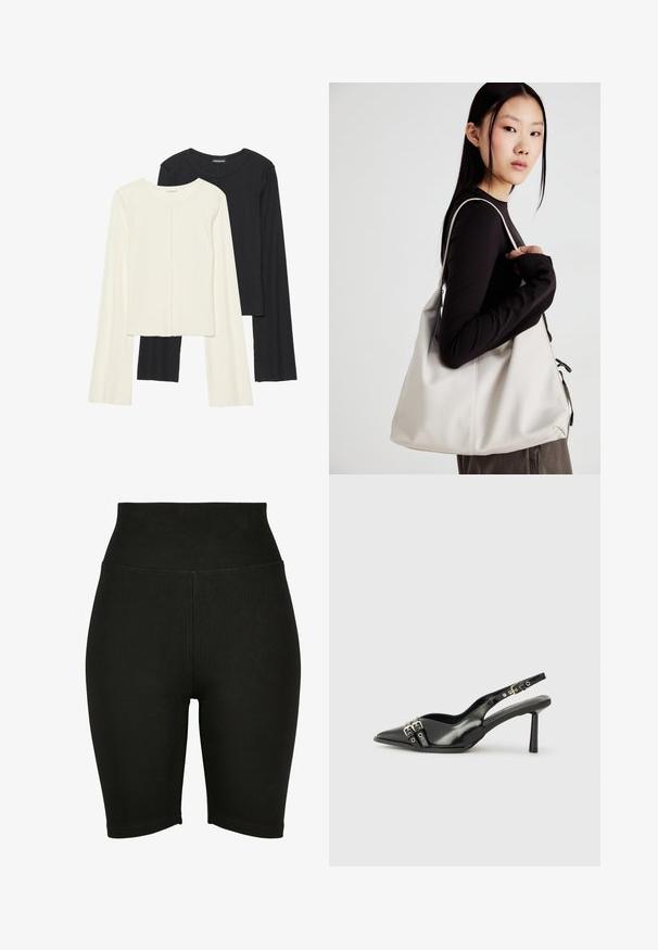 Két darabból álló hosszú ujjú felsők szettje fehér és fekete színben. Bordás textúra, kerek nyakkivágás, testhez simuló fazon, enyhén bővülő ujjakkal.; Fekete, magas derekú kerékpáros rövidnadrág, rugalmas anyagból készült, sima tapintással és varrott szegéllyel, a kényelem és a szabad mozgás érdekében tervezve.; Fekete lakk bőr, hegyes orrú slingback cipő, boka pántokkal, ezüst csatokkal és hardverelemekkel, valamint karcsú sarkú.; Puha anyagból készült bézs kézitáska, laza dizájnnal, varrott részletekkel és két vállpánttal. Mindennapi használatra alkalmas.