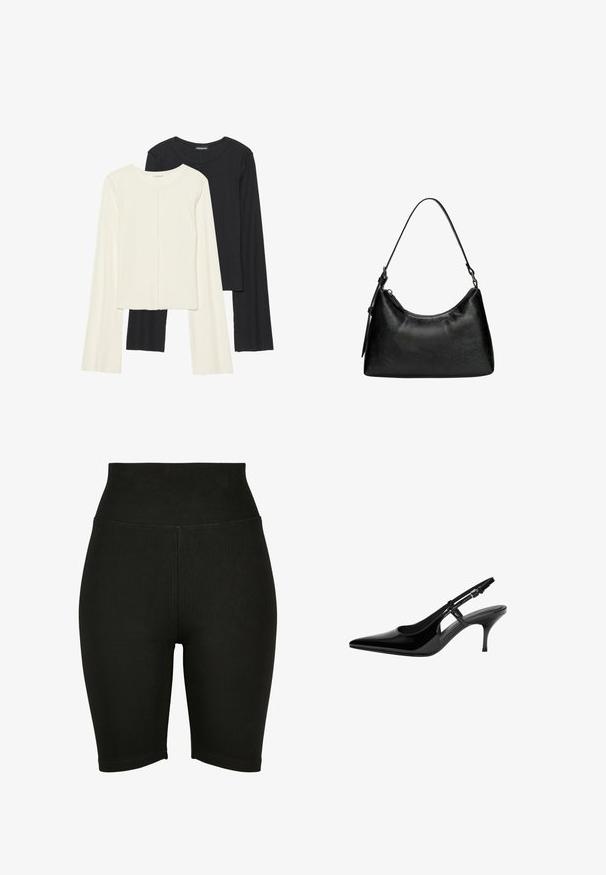 Set di due maglie a maniche lunghe, bianche e nere. Texture a coste, scollo tondo, design aderente con maniche leggermente svasate.; Shorts da ciclismo neri a vita alta realizzati in tessuto elasticizzato, con una superficie liscia e bordo cucito, progettati per il comfort e la libertà di movimento.; Pumps slingback in vernice nera con punta affusolata, ritagli laterali aperti, tacco sottile e cinturino alla caviglia regolabile.; Borsa a tracolla nera in pelle sintetica con forma curva, manico corto, chiusura con cerniera e delicato motivo testurizzato sulla superficie.