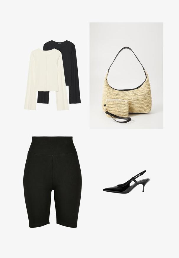 Set od dvije duge majice s dugim rukavima u bijeloj i crnoj boji. Rebrasta tekstura, okrugli izrez, uski kroj s blago raširenim rukavima.; Crne visoke biciklističke kratke hlače izrađene od rastezljivog materijala, s glatkom teksturom i šivenim rubom, dizajnirane za udobnost i lakoću kretanja.; Crne lakirane kožne sandale sa otvorenom petom, špicastim prstom, otvorima sa strane, tankom potpeticom i podesivom trakom oko članaka.; Tkana torba od slame s zakrivljenom siluetom, koja sadrži glatku crnu kožnu naramenicu i odgovarajući mali neseser koji je pričvršćen narukvicom.
