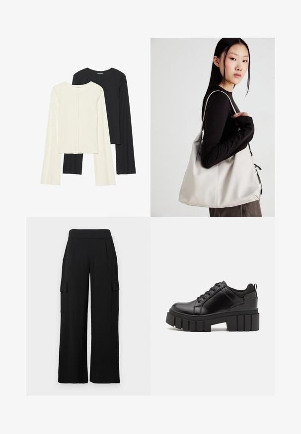 Két darabból álló hosszú ujjú felsők szettje fehér és fekete színben. Bordás textúra, kerek nyakkivágás, testhez simuló fazon, enyhén bővülő ujjakkal.; Fekete, széles szárú munkanadrág sima, rugalmas anyagból. Két oldalzsebbel, melyek fedelesek, és magas derékrésszel rendelkezik.; Fekete bőr platform cipők vaskos blokk sarkakkal, kerek orral és hagyományos fűzős kialakítással. Simára csiszolt felület és minimális részletezés jellemzi.; Puha anyagból készült bézs kézitáska, laza dizájnnal, varrott részletekkel és két vállpánttal. Mindennapi használatra alkalmas.