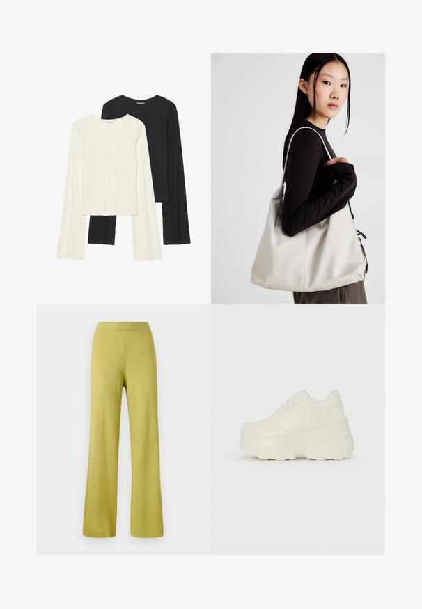 Kaksi pitkähihainen puseroa valkoisena ja mustana. Varren neulos, pyöreä kaulus, tiukka malli, jossa on hieman levenevät hihat.; Keltaiset ribbitekniikalla kudotut housut, joissa on rento istuvuus, leveät lahkeet ja joustava vyötärö. Pintarakenteen näkyy olevan pehmeä ja joustava.; Valkoiset tasapohjakengät, joissa on sileä nahkamainen päällinen, pyöristetty muoto, pehmustettu nilkkaosa ja texturoitu kumipohja, jossa on hyvin määritellyt urat.; Beige laukku, joka on valmistettu pehmeästä materiaalista, ja siinä on rento muotoilu, ommeltu yksityiskohtia ja kaksi olkahihnaa. Sopii päivittäiseen käyttöön.