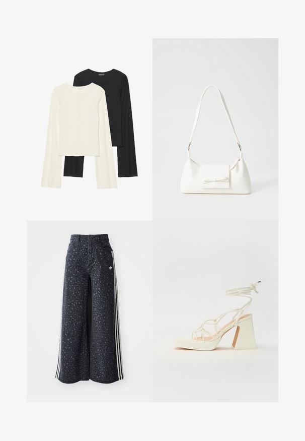 Σέτ δύο μακρυμάνικων μπλουζών σε λευκό και μαύρο. Ριπ υφή, στρογγυλή λαιμόκοψη, εφαρμοστή γραμμή με ελαφρώς φαρδιές μανίκες.; Φαρδιά τζιν παντελόνια σε σκούρο γκρί με λεοπάρ μοτίβο. Διαθέτει λευκές ρίγες στο πλάι και μια διακριτική λογότυπη μπροστινή πλευρά.; Λευκό πέδιλο με ψηλό τακούνι και χοντρή φτέρνα, διαθέτει σχέδιο με λουριά και λουράκι στον αστράγαλο. Λείο υλικό με μπροστινό πλατφόρμα για επιπλέον ύψος.; Λευκή συνθετική τσάντα σε τριγωνικό σχήμα, με επίπεδη μπροστινή καπάκι και λεπτομέρεια φιόγκου, ρυθμιζόμενο λουράκι, απαλή υφή και μινιμαλιστικό σχέδιο.