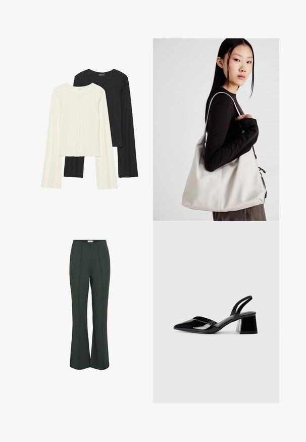 Set od dvije duge majice s dugim rukavima u bijeloj i crnoj boji. Rebrasta tekstura, okrugli izrez, uski kroj s blago raširenim rukavima.; Zelene hlače s razrješenjem izrađene od mekog materijala, s prednjim plitkim naborima i glatkom teksturom. Jednostavna elastika bez vidljive opreme.; Crne lakirane kožne sandale s otvorenom petom i špicastim vrhom, s geometrijskom blok petom. Imaju elegantan, minimalistički dizajn i glatku teksturu.; Bežna torba od mekog materijala s opuštenim dizajnom, šivanim detaljima i dva remena za rame. Pogodna za svakodnevnu upotrebu.